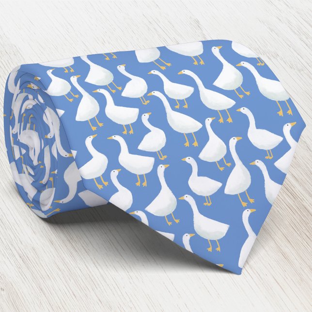 Corbata Patrón de ave ganso azul (Blue and white geese goose pattern neck tie for farmers and bird lovers)