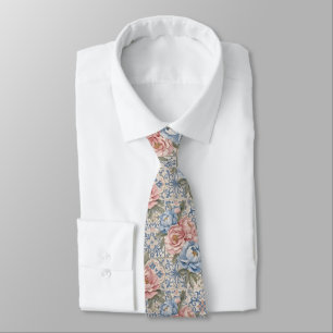 Corbata Patrón de Baldosa Floral Vintage Rosa Azul