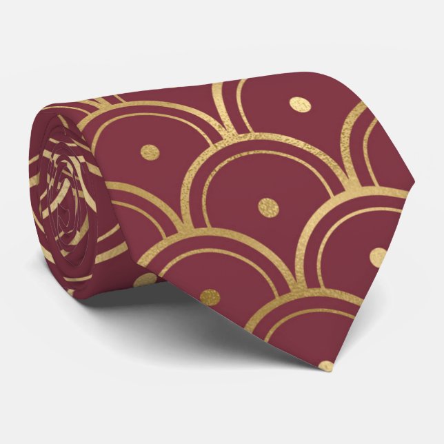 Corbata patrón de baldosas de oro art deco Burgundy (Enrollado)