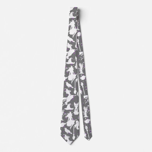 Corbata Patrón de brujas voladoras.Gris blanco (Anverso)