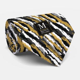 Corbata Patrón de cebra animal blanco con brillo negro y d