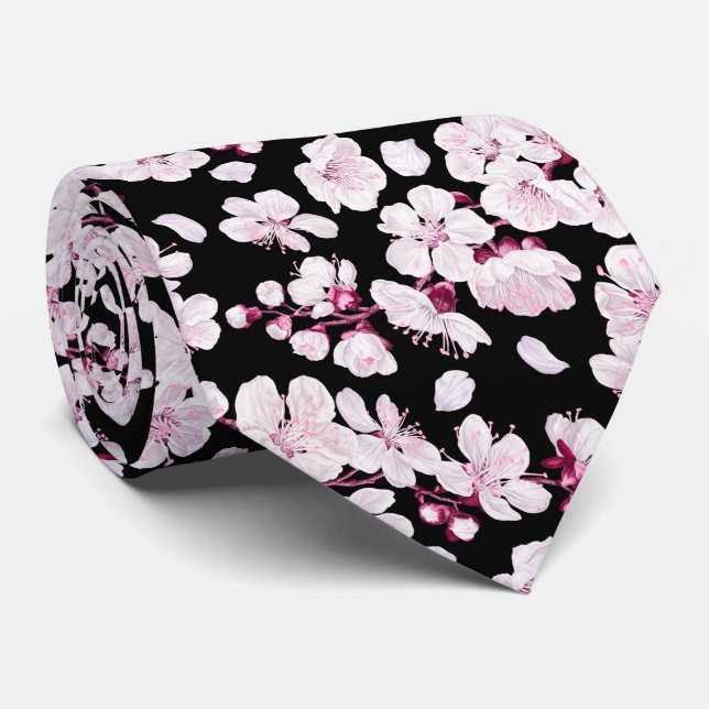 Corbata Patrón de cerezo floral de Sakura rosa Negro moder (Enrollado)