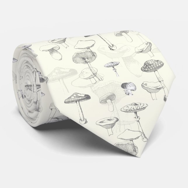 Corbata Patrón de champiñón del bosque blanco gris botánic (Enrollado)