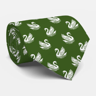 Corbata Patrón de cisne 02 - Blanco en verde forestal