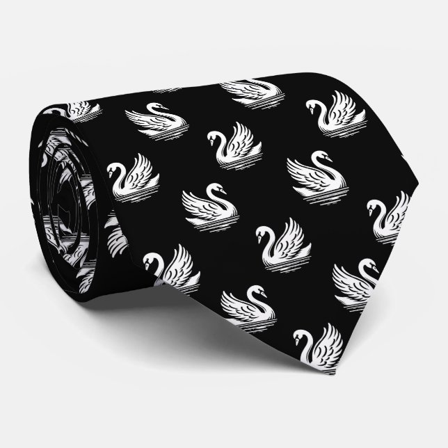 Corbata Patrón de cisne 02 - Blanco sobre negro (Enrollado)