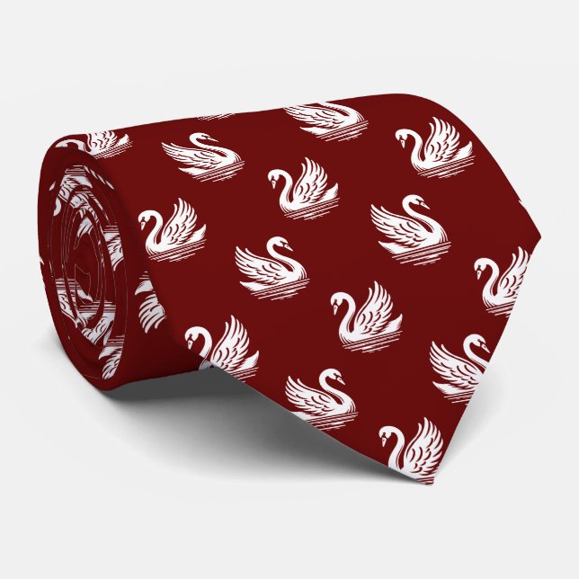 Corbata Patrón de cisne 02 - Blanco sobre rojo oscuro (Enrollado)
