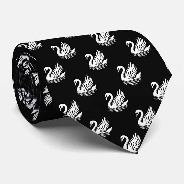Corbata Patrón de cisne - Blanco sobre negro (Enrollado)