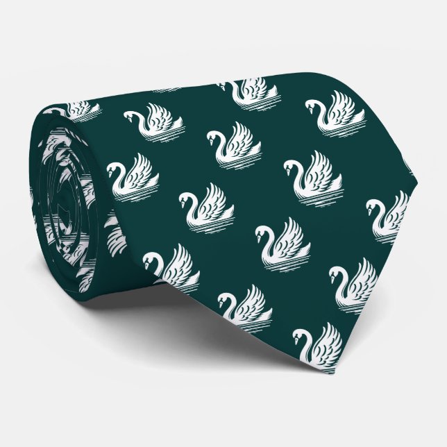 Corbata Patrón de cisne - blanco sobre verde oscuro (Enrollado)