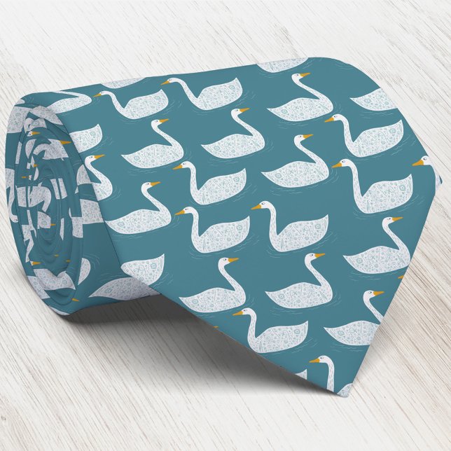 Corbata Patrón de cisne en verde turquesa (Swan bird pattern neck tie for nature, wildlife and bird lovers)