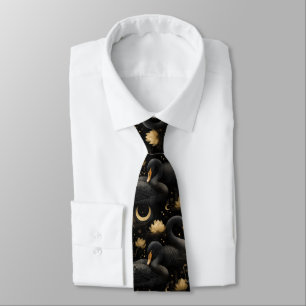 Corbata Patrón de Cisne Negro Místico y Loto Dorado