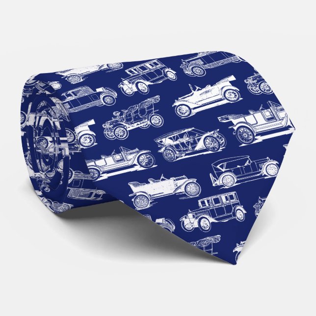Corbata Patrón de coche de época blanca azul y vieja (Enrollado)