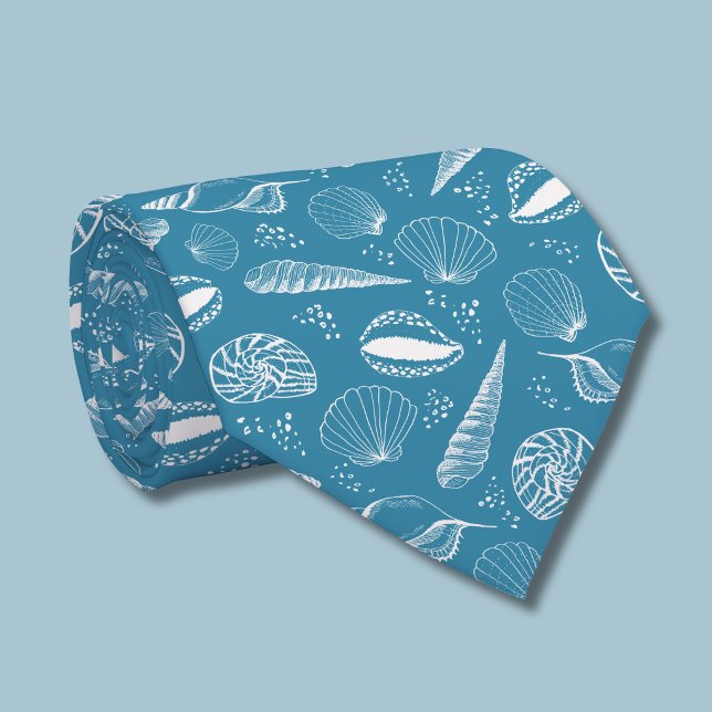 Corbata Patrón de concha marina azul (Teal Blue Coastal Seashell beach pattern tie rolled)
