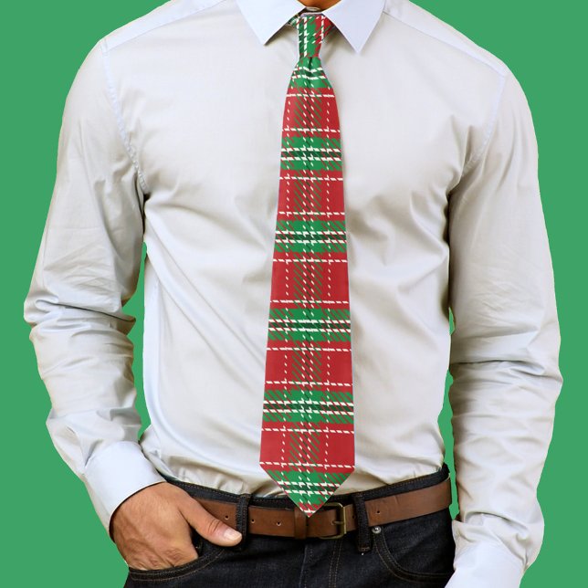 Corbata Patrón de Cuadros Navideños Rojo Verde (Red and green plaid pattern neck tie. )