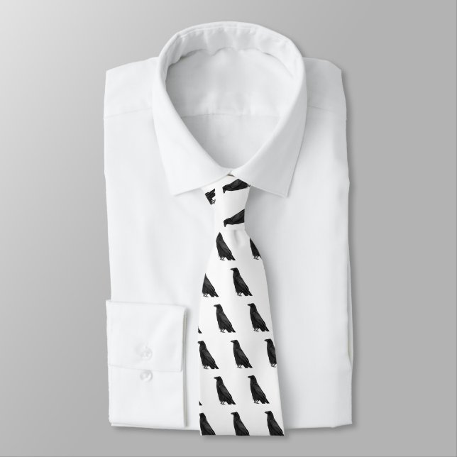 Corbata Patrón de Cuervo Negro sobre Blanco (Atado)