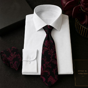 Corbata Patrón de damasco floral de Borgoña negro sin cost