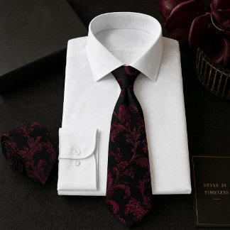 Corbata Patrón de damasco floral de Borgoña negro sin cost