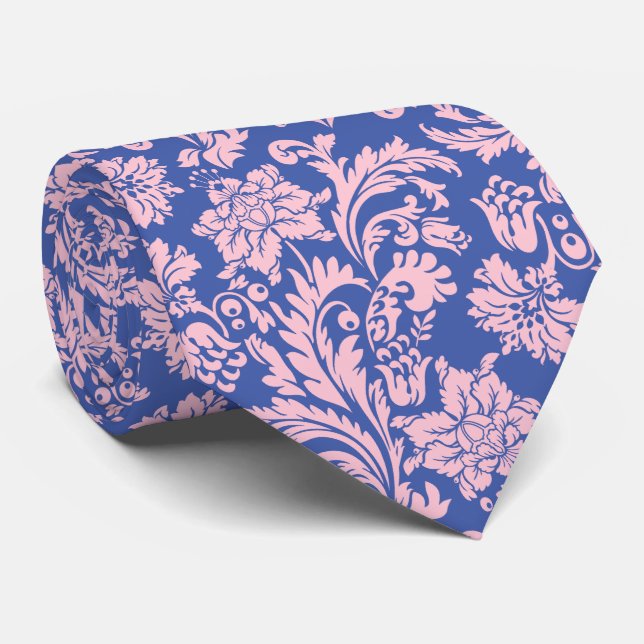 Corbata Patrón de Damasco Floral Pastel rosa y azul (Enrollado)