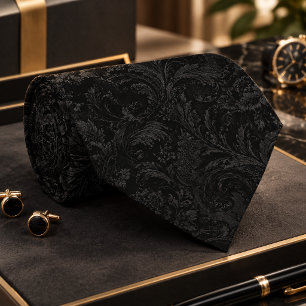 Corbata Patrón de damasco negro sobre negro de lujo sin co