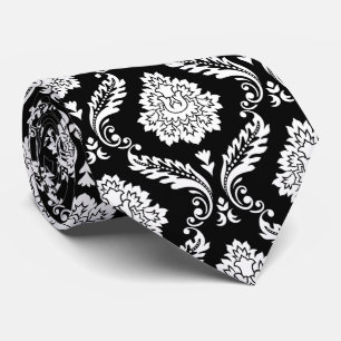 Corbata Patrón de Damasco Rococó Blanco sobre Negro