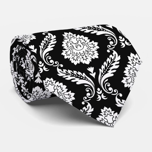 Corbata Patrón de Damasco Rococó Blanco sobre Negro (Enrollado)