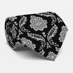 Corbata Patrón de Damasco Rococó Gris sobre Negro