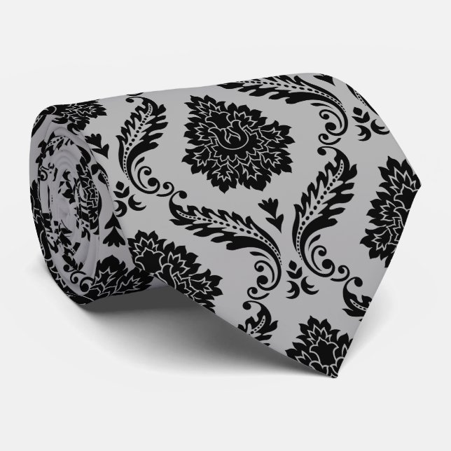 Corbata Patrón de Damasco Rococó Negro sobre Gris (Enrollado)