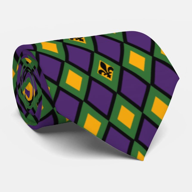 Corbata Patrón De Diamantes Mardi Gras Con Fleur De Lis (Enrollado)