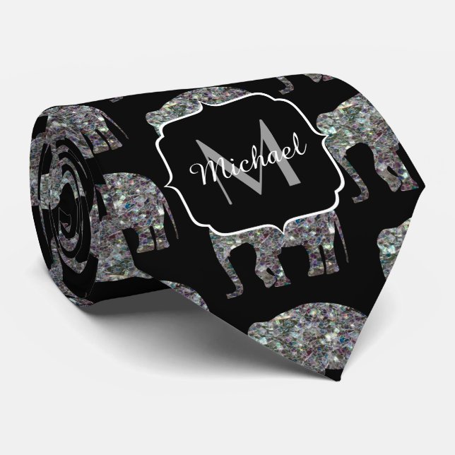 Corbata Patrón de elefante plateado brillante en monograma (Enrollado)