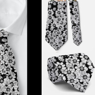Corbata Patrón de flor abstracta floral en blanco y negro