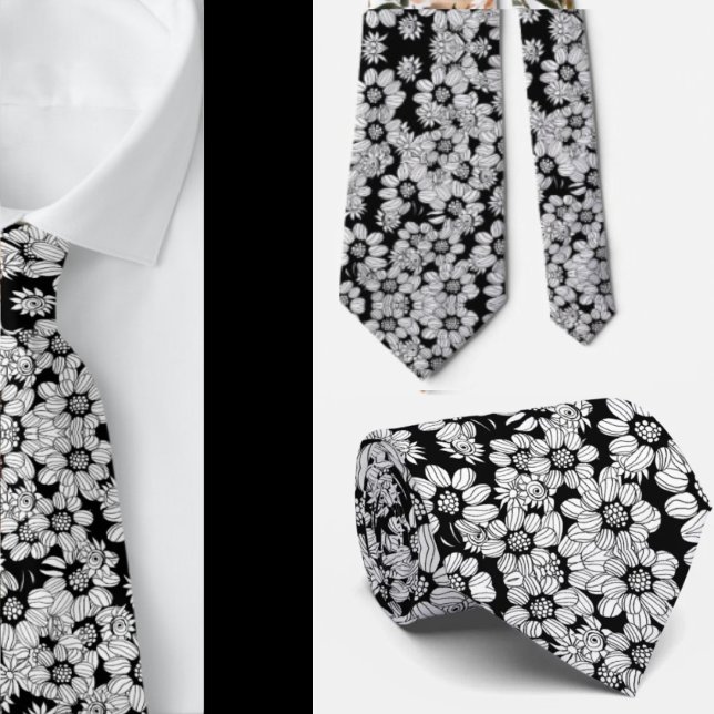 Corbata Patrón de flor abstral blanco y negro (Subido por el creador)