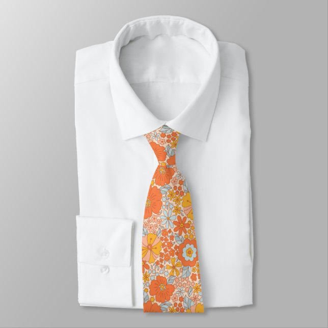 Corbata Patrón de flor retro naranja (Atado)