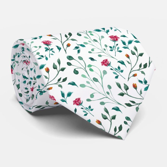 Corbata Patrón de floral y follaje verde ruso | BODA (Enrollado)