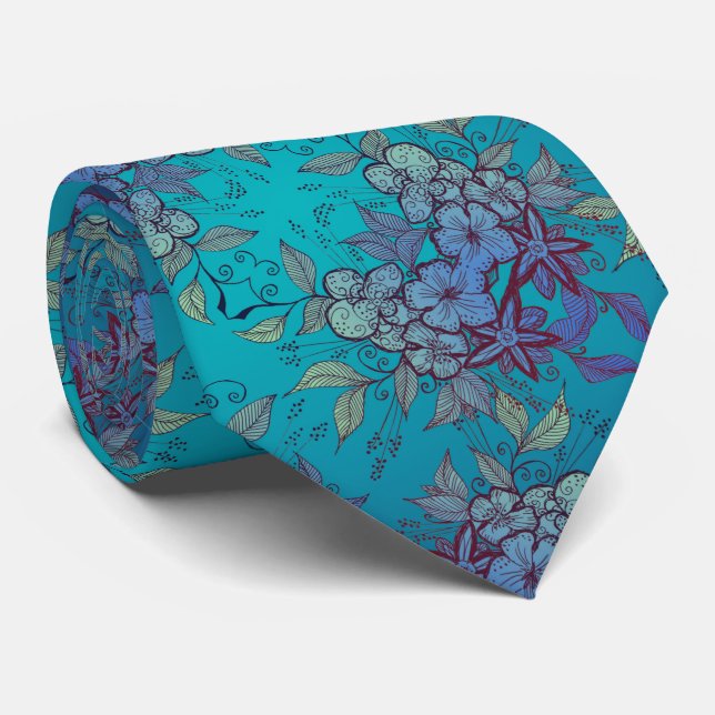 Corbata Patrón de flores azul y turquesa (Enrollado)
