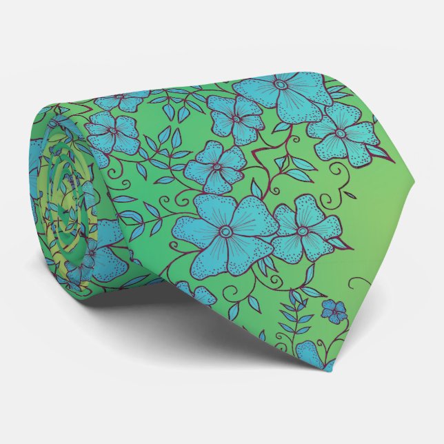 Corbata Patrón de flores azul y verde (Enrollado)