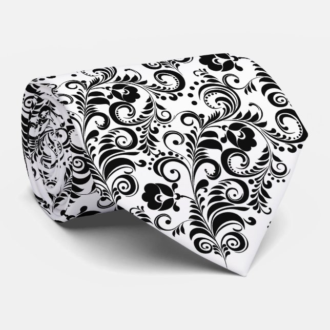 Corbata Patrón de flores blancas negras chic coloridas (Enrollado)