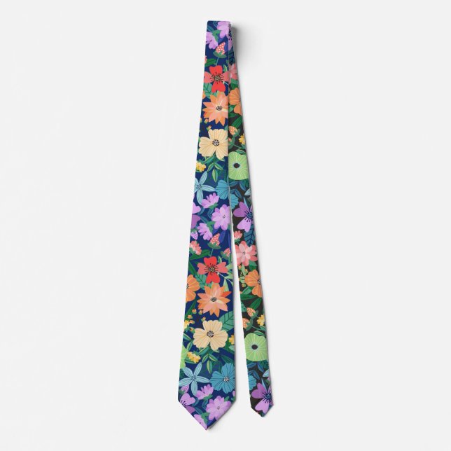 Corbata Patrón de flores de arcoíris azul retro (Anverso)