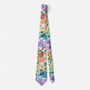 Corbata Patrón de flores de arcoíris blanco retro