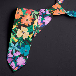 Corbata Patrón de flores de arcoiris negro retro