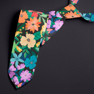 Corbata Patrón de flores de arcoiris negro retro