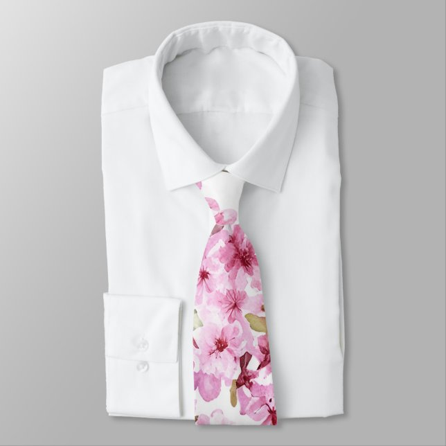 Corbata Patrón de flores de cerezo rosa pintado (Atado)