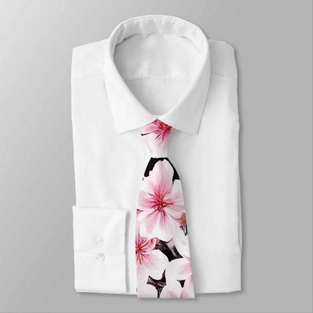 Corbata Patrón de flores de cerezo rosa y negro pintado (Atado)