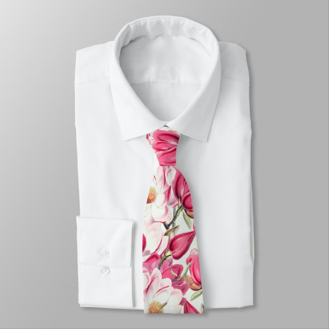Corbata Patrón de flores de magnolia rosadas en acuarela (Atado)