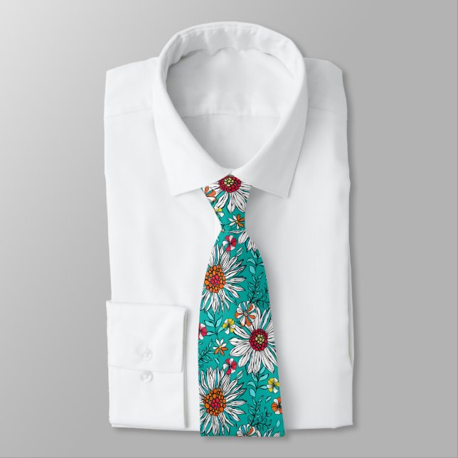 Corbata Patrón de flores de margarita roja, Naranja amaril (Atado)