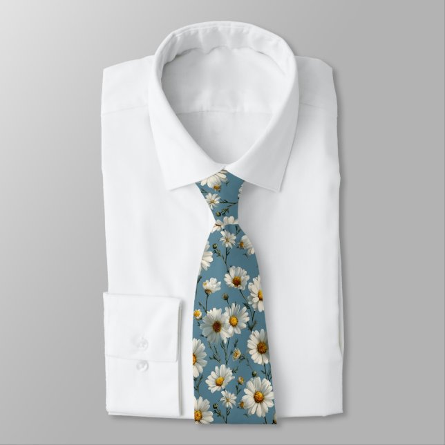 Corbata Patrón de flores de margarita sin mar en azul (Atado)