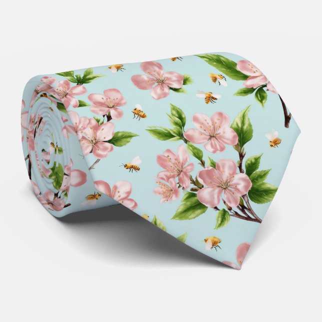 Corbata Patrón de flores de primavera y abejas (Enrollado)
