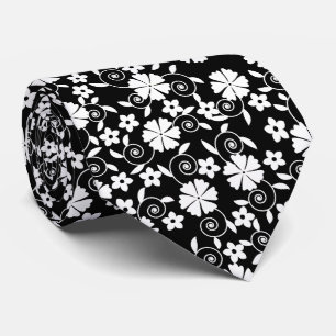 Corbata Patrón de flores en espiral blanco y negro lindo