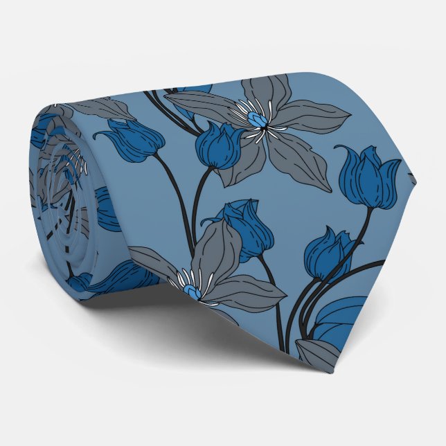 Corbata Patrón de flores étnico elegante retro azul (Enrollado)