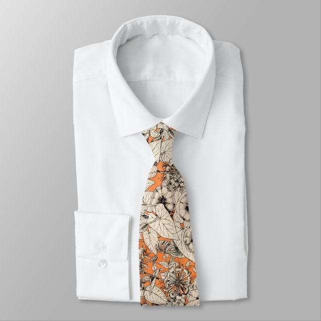 Corbata Patrón de flores gráficas blancas naranja (Atado)