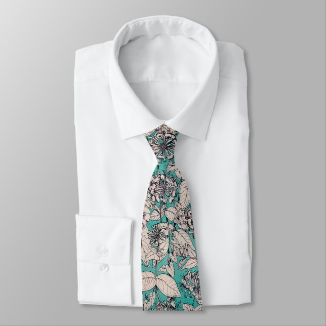 Corbata Patrón de flores gráficas blancas verde azuladas (Atado)