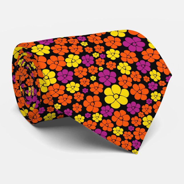 Corbata Patrón de flores - negro, rosa, Naranja y amarillo (Enrollado)
